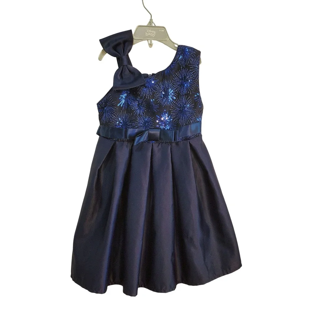Girls Navy Dress Party Sequin Bow One Shoulder Navy Blue‎ Size 110 5